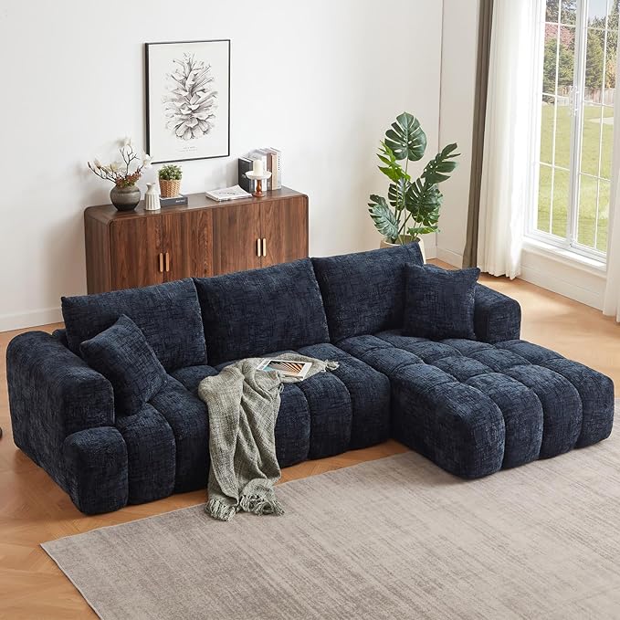 Luxury 108 L Shape Boneless Couches for Living Room Chenille Modular Sectional Cloud Sofa Couch W/Deep Seat &amp Pillows Memory Foam Couch W/Oversized Chaise (Blue Right Facing Chaise)