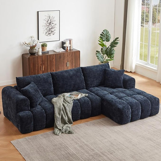 Luxury 108 L Shape Boneless Couches for Living Room Chenille Modular Sectional Cloud Sofa Couch W/Deep Seat &amp Pillows Memory Foam Couch W/Oversized Chaise (Blue Right Facing Chaise)