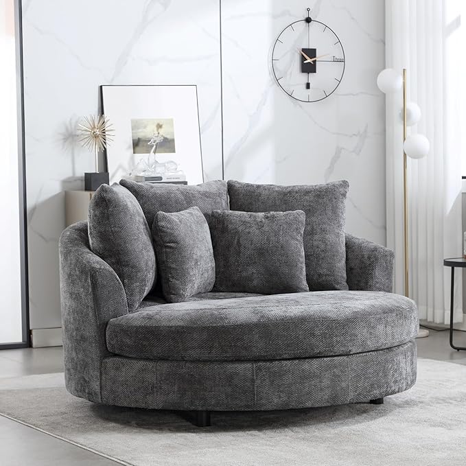 Aoiy &amp Wifon 59.8 W Oversized Barrel Chair Round Accent Chair with Wheels Extra Large Living Room Chair Knitted Chenille Charcoal
