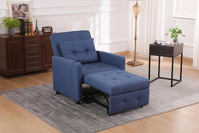 3-in-1 Convertible Sleeper Chair Bed Pull Out Recliner Chair for Living Room and Bedroom Comfy Reclining Armchair Sofa Bed for Adults with USB Ports Side Pocket Ideal Recliner for Small SpacesBlue