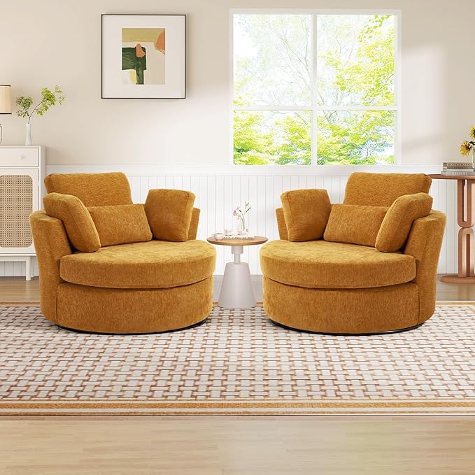 Oversized Swivel Accent Barrel Chair Set of 2 Chenille Upholstered Comfy Round Swivel Chair with Pillows 360 Degree Modern Lounge Reading Sofa Armchair for Nursery Living Room Bedroom(Yellow)