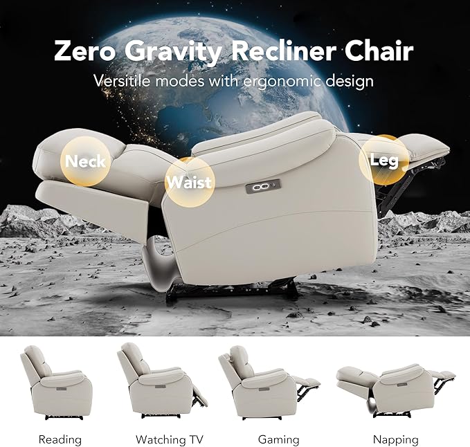 CHITA Large Power Zero Gravity Recliner Chair Genuine Leather Recliner Chair for Adults with Adjustable Power Headrest and Hidden Slide-Out Cupholders USB and Type-C Ports Creamy Grey