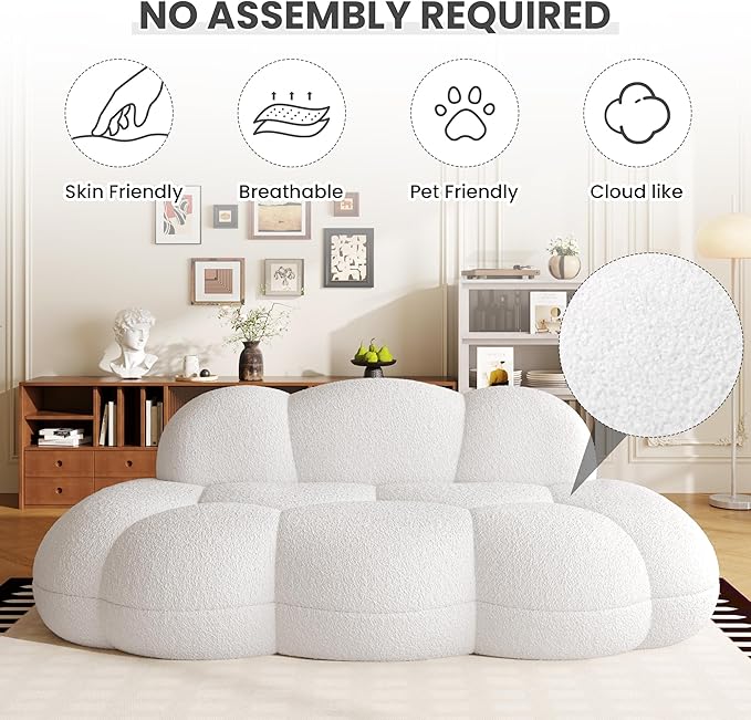 Floor Couch Modern Curved Loveseat Sofa Lazy Sofa Round Floor Sofas Cloud Memory Foam Couches for Living Room Apartment Small Spaces (No Assembly White)