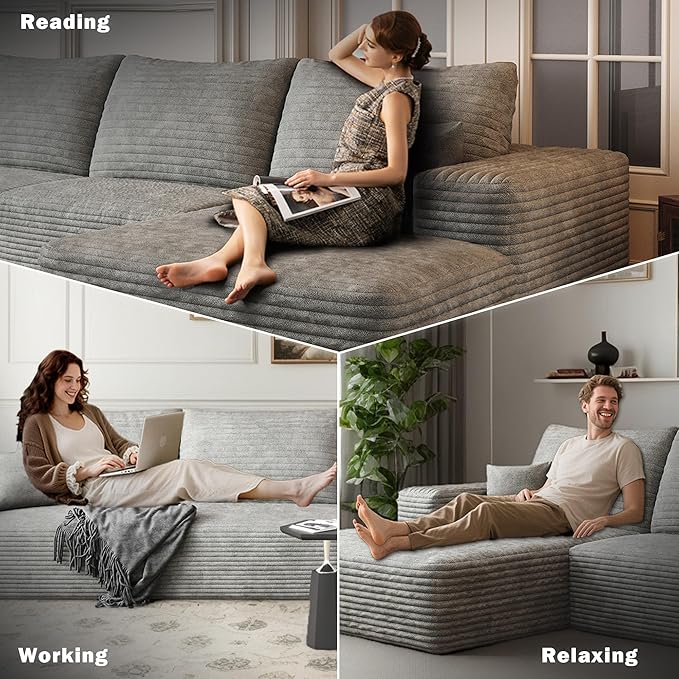 107 L-Shaped Modern Modular Sectional Sofa Oversized Corduroy Boneless Couches with Deep Seat Comfy Upholstered Cloud Couch for Living Room (Grey 3S+Left Facing Chaise)