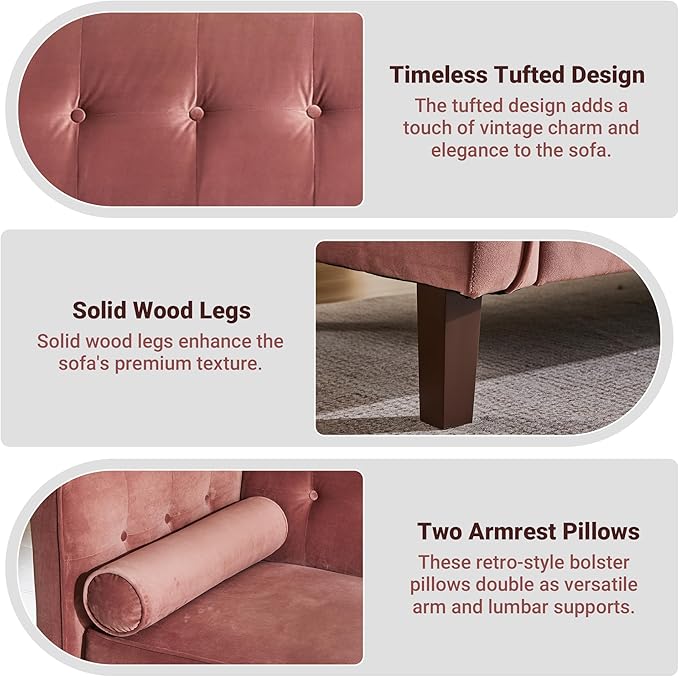 Dreamsir 78'' W Velvet Sofa Mid-Century Modern Love Seats Sofa Furniture with Bolster Pillows Button Tufted Couch for Living Room Pink
