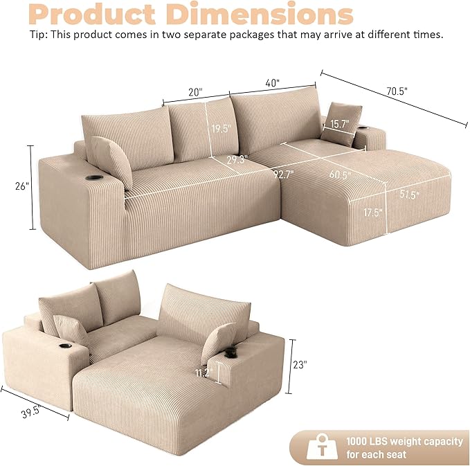 113 Modular Sectional Sofa Cloud Couch Modern Deep Seat Fluffy Corduroy Boneless Couch with Cup Holder Comfy L Shaped Sectional Couches for Living Room Bedroom. (Right Facing Camel)