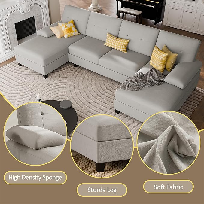 JY QAQA Sectional Couche with Soft Cushion U-Shaped Sofa with Double Chaise 4-Seat Linen Fabric Sofa Sets for Living Room Apartment Beige