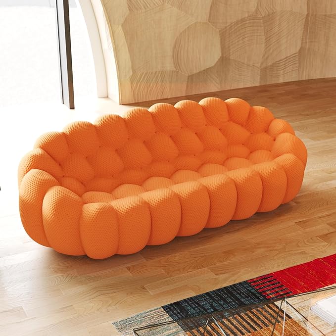 JACH Bubble Curved Couch 98.43'' Comfy Upholstered Sofa Mesh Fabric Floor Sofa 3D Honeycomb Shape Modern Couch for Living Room Office Apartment Small Space (3 Seater Orange)