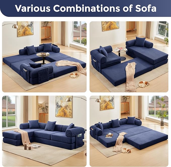 L Shaped Convertible Modular Boneless Sofa Bed with Cylindrical Pillow Corduroy Folding Floor Sofa Couch Bed with Fixed-Shape Frame &amp Storage Pocket for Living Room Blue