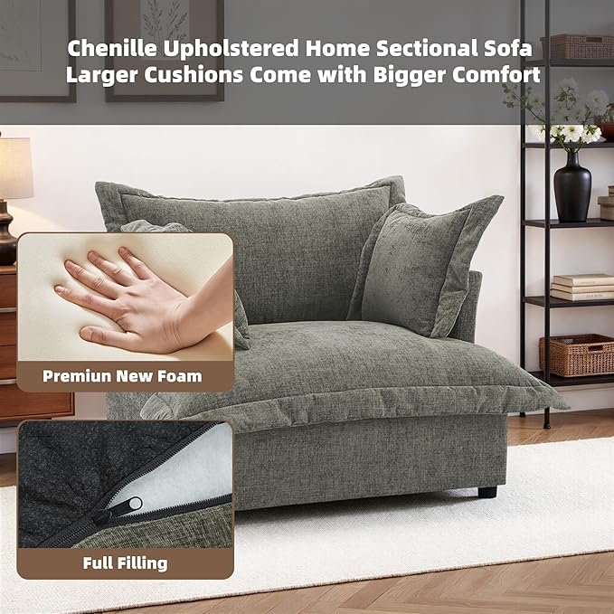 UIXE Cloud Accent Chair Chenille Oversized Armchair Upholstered Reading Chair for Living Room Modern Single Sofa Deep Seat Bedroom Lounge Chair - Gray