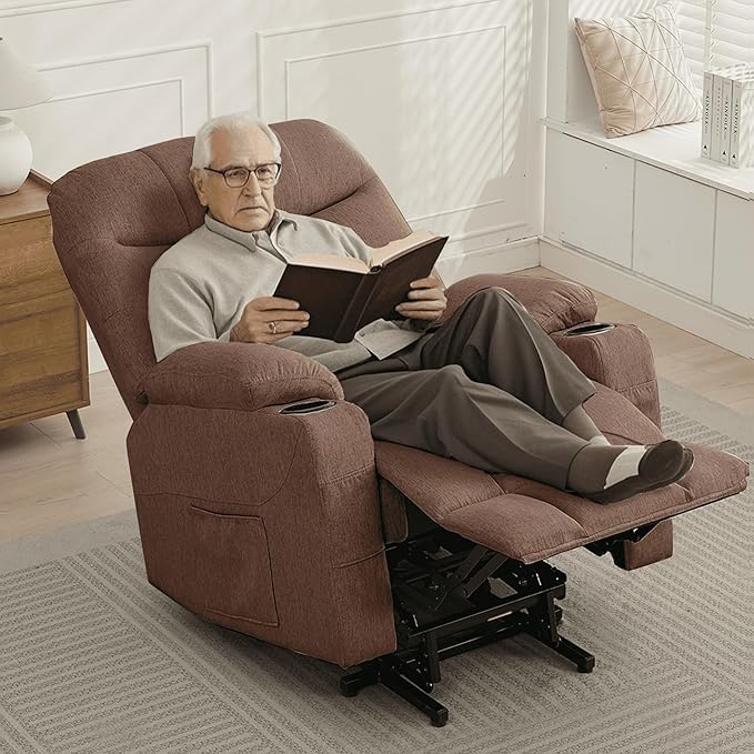 Power Recliner Chair with Massage and Heating Power Lift Recliner Chair for Elderly and Adults Electric Recliner with Remote Control and Cup Holders for Living Room Linen Fabric Brown