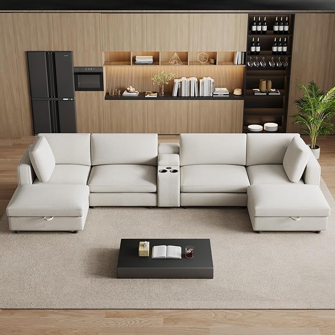 OUYESSIR 163U Shaped Cloud Couch SectionalsLarge Comfy Beige White Sectional Couches for Living RoomOversized Fluffy Modular SectionalChenille Big 6 Seat Sofa Set USB Port Central Console Ottoman