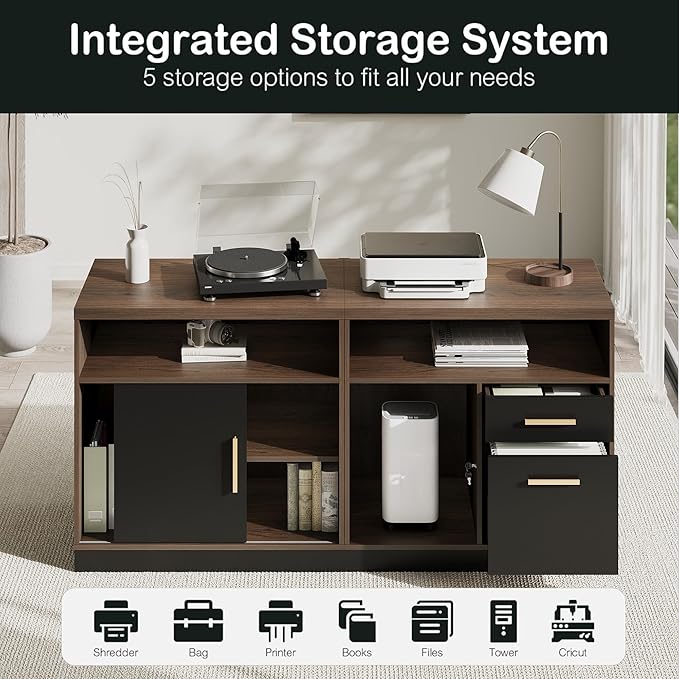 Home Office Furniture Set 114 Standing Desk with 2 File Cabinets AC/USB Extra Long Double Desk for 2 Person Electric Height Adjustable for Home and Office Black Walnut