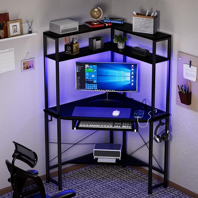 Corner Desk with Hutch and LED Lights Corner Computer Desk with Keyboard Tray and Monitor Stand Small Computer Desk for Small Spaces Home Office