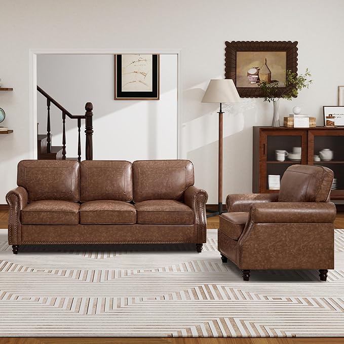 WILLOVE 3 Seater Sofa with Chair Mid-Century Modern Faux Leather Couch Set for Living Room Darkbrown with Rolled Arms &amp Nailhead Trim Easy Assembly Darkbrown