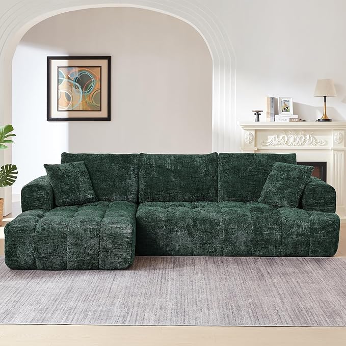 110 Inch Cloud Sectional CouchModern Upholstered Sofa with Deep SeatChenille Boneless Couches with L-Shape ChaiseSponge Compressed Couches for Living Room (Dark Green Left Facing Chaise)