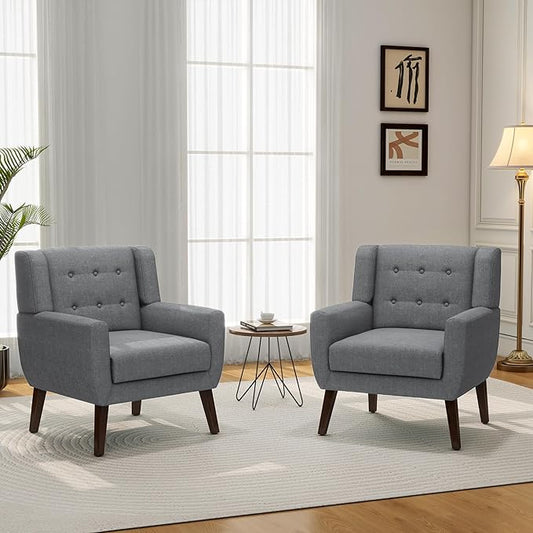 Accent Chair Mid-Century Modern Fabric Chairs with Arms for Living Room Comfy Upholstered Club Single Sofa Armchair for Bedroom Waiting Room with Solid Wood Frame (Fabric Grey Set of 2)