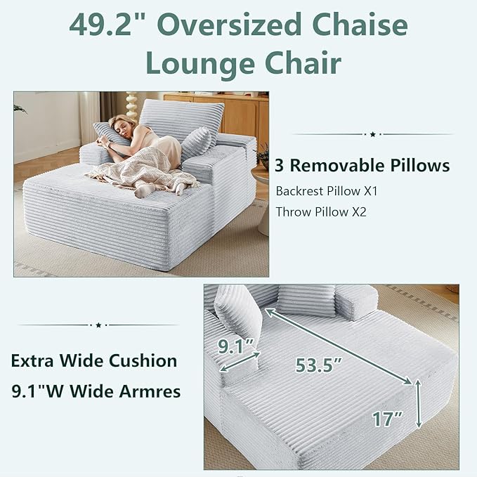 50Oversized Chaise Lounge Chair IndoorCorduroy Boneless Reading Chair with 3 PillowsDeep Seat Cloud Sofa BedComfy Modern Sleeper Chairs in Box for Living Room BedroomNo Assembly(Light Grey)