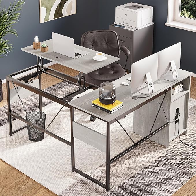 Bestier Versatile 60 Inch L-Shaped Standing Desk Lift Top Corner Desk Extending to 95 Inches with Storage Cabinet and Hooks for Home Office Washed White