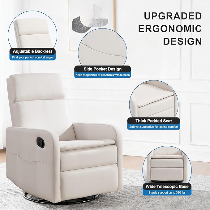 Swivel Rocking Recliner Chair for Adults Upholstered Fabric Glider Recliner Reclining Chair with Side Pockets and Double-Thick Cushion for Living Room Bedroom Nursery (Beige)