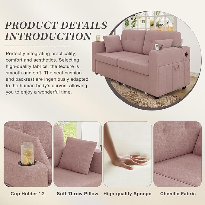 67 Small Loveseat Couch with Storage USB Charging and Cup Holder Space Saving Furniture Modern Chenille Love Seat Sofa Small Couches for Small Spaces Bedroom Apartment Pink