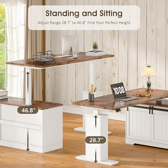 Whalefall L Shaped Standing Desk with Drawers Height Adjustable Farmhouse Executive Computer Desk Corner Desk with Cable Management and File Storage for Home Office White
