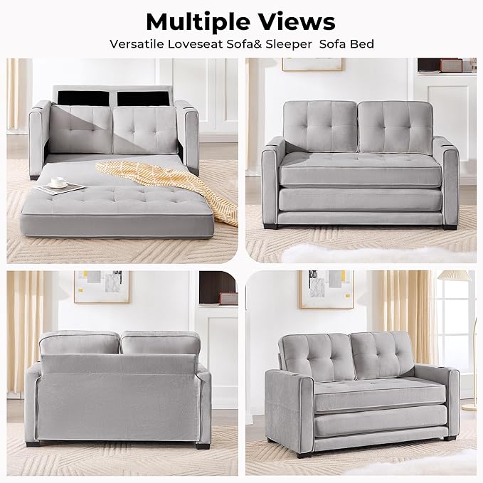 Convertible Sofa Bed Pull Out Loveseat Sleeper CouchLinen Fabric 2 in 1 Folding Couch Bed Fold Out Floor Futon Couches with Cup Holder for Living Room BedroomSmall Space Light Grey