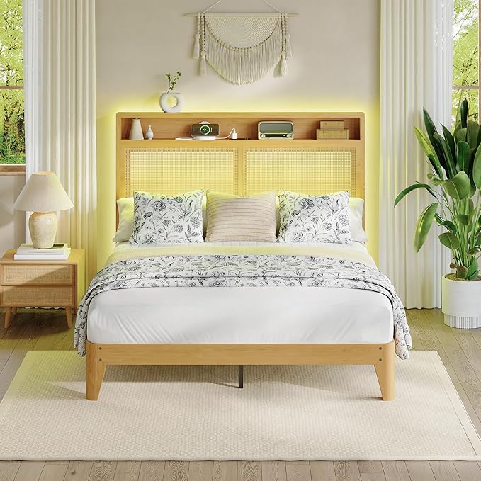 GAOMON Rattan Bed Frame Full Size with RGB LED Light &amp Charging Station Boho Rattan Full Bed Frame with 2 Tier Storage Headboard Sturdy Wooden Slats Support Under Bed Storage No Box Spring Nee