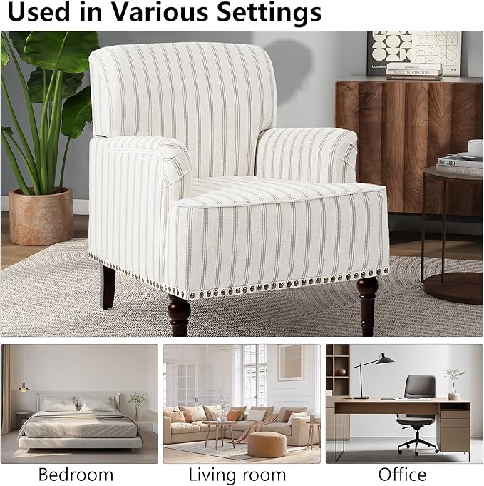 Accent Chair Mid Century Modern Comfy Armchair for Living Room Linen Fabric Single Sofa Lounge for Reading Bedroom Apartment Waiting Room with Wood Legs (Pinstripe Light Brown Set of 1)