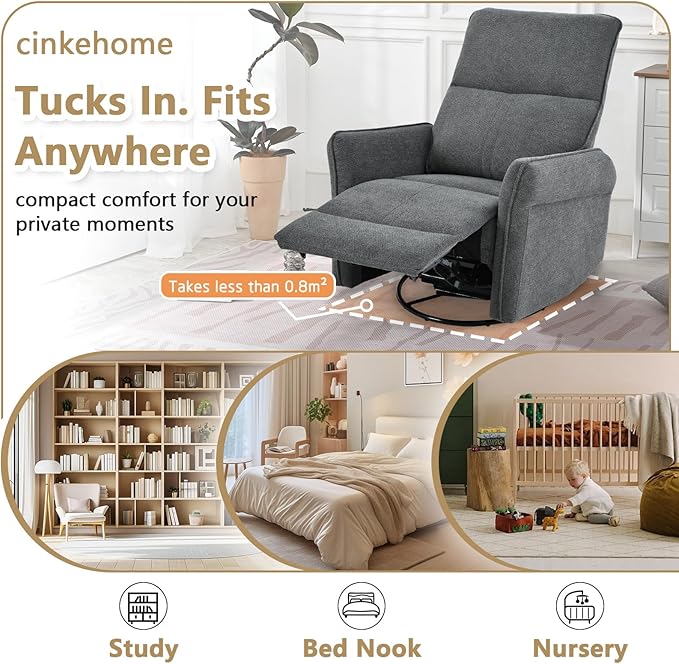 cinkehome Power Swivel Rocker Recliner with USB Overstuffed Electric Reclining Chair Snowflake Fleece Rocker Recliner for Nursery Living Room Bedroom