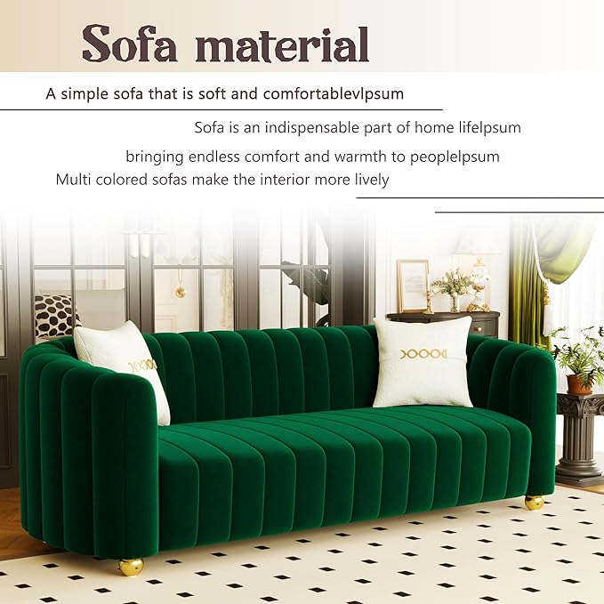 83 Green Velvet Couch Luxry Modern Sofas for Living Room Velvet Sofa 3-Seater Solid Wood Frame with Gold Metal Legs and Two Pillows Emerald Green Couch