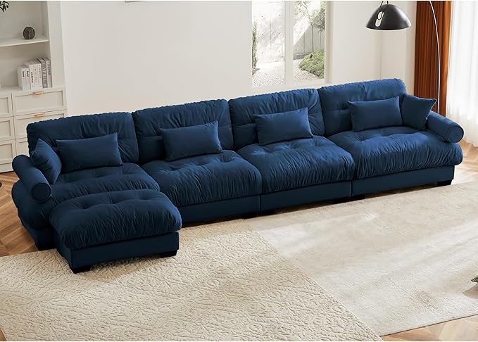 Velvet Modular Sectional Sofa4-Seater Cloud Couch with OttomanPillows and High Density Memory Foam for Living Room Home TheaterApartment（Blue）
