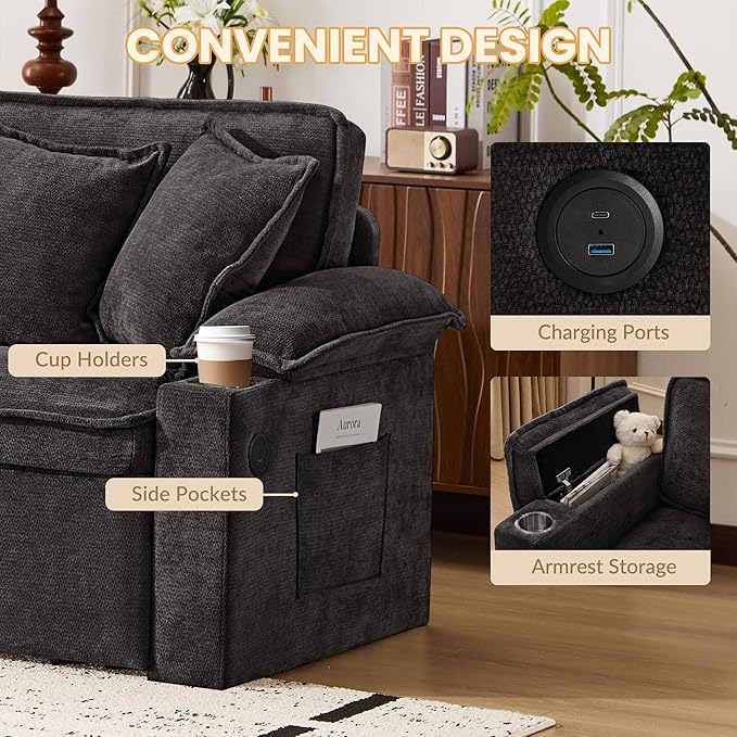 SUNWAVE 83 King Size Pull Out Sofa Bed 4-in-1 Convertible Sleeper Sofa Bed with USB Ports Cup Holders Side Pockets Corduroy Oversized Loveseat Chaise Lounge for Living Room Small Space