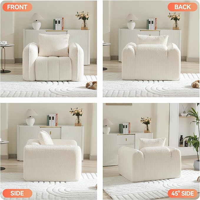 Oversized Boneless Corduroy Accent Chair Comfy Deep Seat Armchair for Bedroom Modern Upholstered Living Room Sofa Chair with Pillow No Assembly White