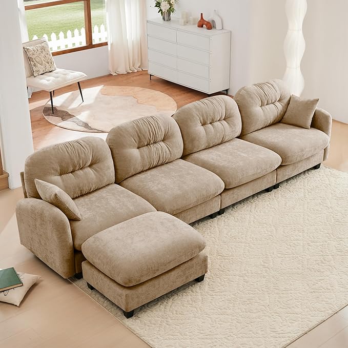 mikibama 140 Chenille Cloud Sofa Couch with OttomansModern Modular Sectional 4 Seater L-Shaped Cloud Sofas with Deep SeatL Shape Couch with Chaise Lounge Curved Arms for Living Room(Camel4S+1O)