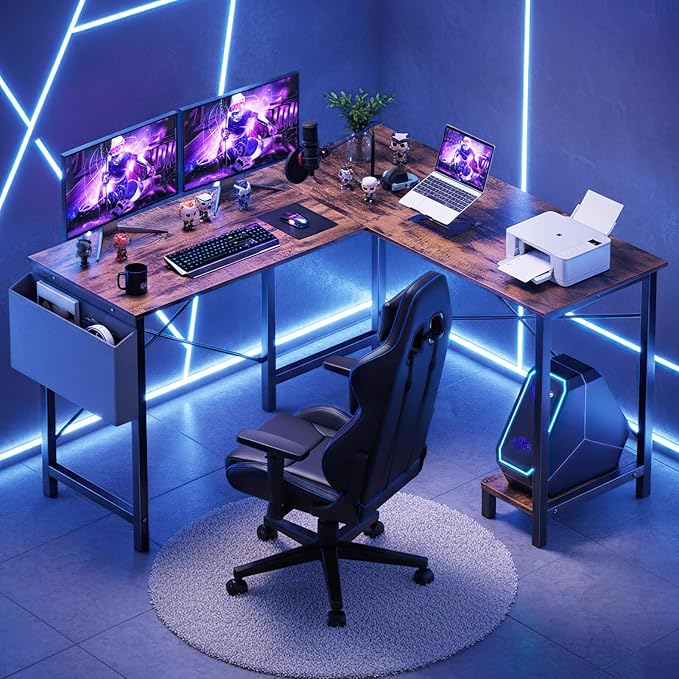DUMOS L Shaped Desk Computer Gaming Corner Table 50 Inch Home Office Writing Student Work PC Workstation with Side Storage Bag CPU Stand for Bedroom Small Spaces