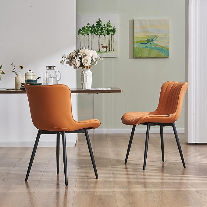 YOUNUOKE Dining Chairs Set of 2 Camel Mid Century Modern Kitchen Chairs Armless Faux Leather Upholstered Dinner Side Chair with Back for Guest Reception Living Room Matte Orange