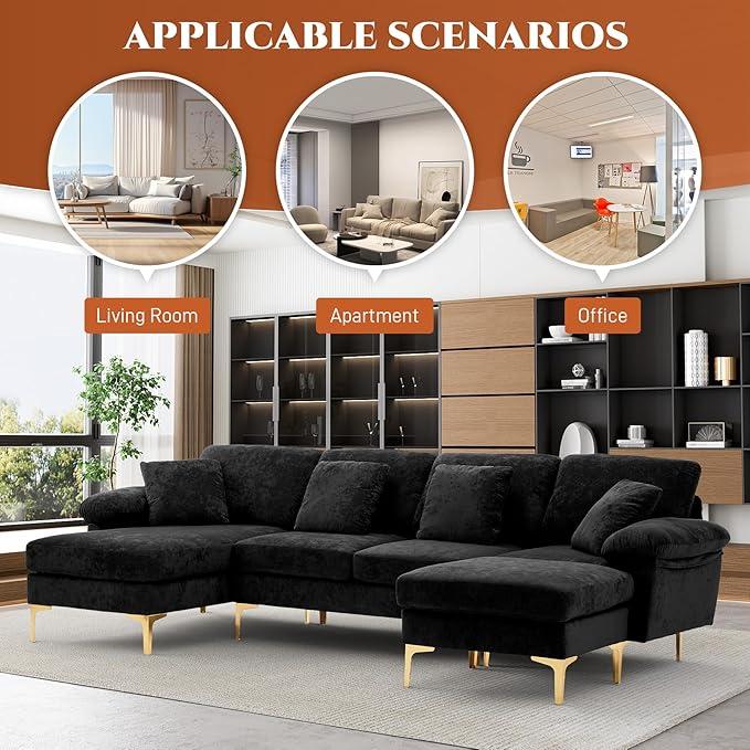 OUYESSIR U-Shaped Sectional Sofa Couch 4 Seat Sofa Set for Living Room Convertible L-Shaped Velvet Couch Set with Chaise Lounge Ottoman and Pillows114 inches (Black)