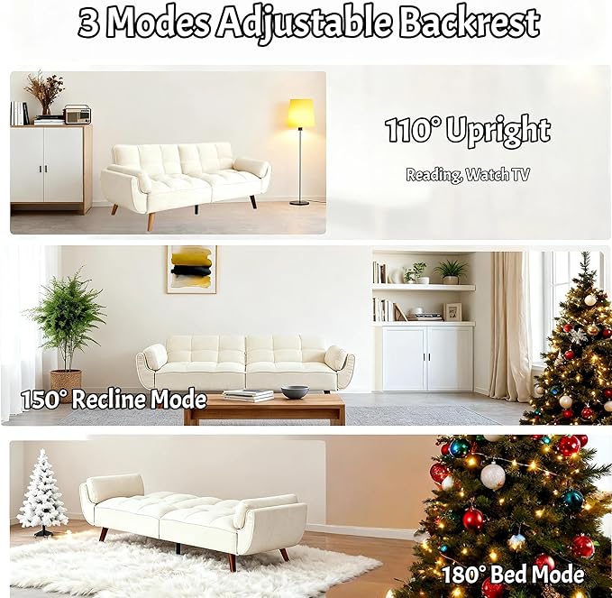 Convertible Futon Sofa Bed Modern Futon Couch with 2 Pillows Small Futons Couch with Adjustable Armrest &amp Backrest Loveseat Sofa Bed for Living Room Bedroom Beige