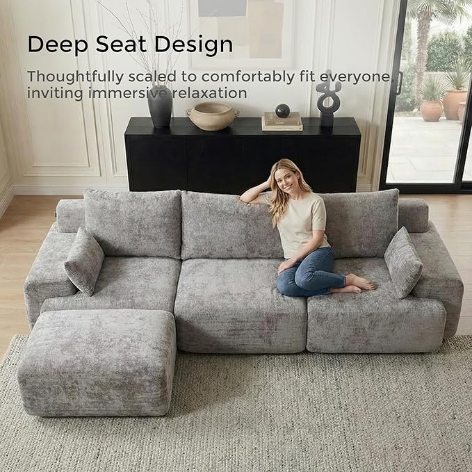 WELAX 114 Sectional Couches for Living Room Boneless Couch L-Shape with Pillows &amp Ottoman Modular Chenille Cloud Sofa 4 Seater Home Comfy Sofas for Apartment Grey