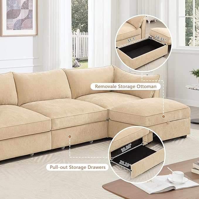 Modular Sectional Sofa with Pull out Storage Drawers 146.4 Comfy Upholstered Chenille 4-Seat Sofa Oversized Deep Storage Seat Couch 2 Armrest Pillows for Living Room Bedroom Apartment Wheat