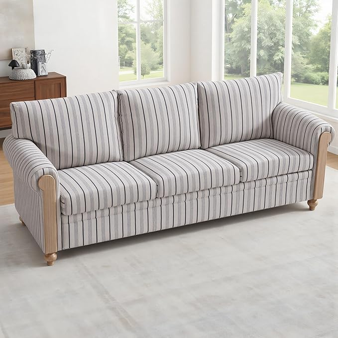 3 Seater CouchFarmhouse Sofa with Solid Wood Frame and Rolled ArmrestsDeep Seat Couch with Plush Cushions in Durable Stripe Fabric for Living RoomBedroom and Office.(3 Seater Couch)