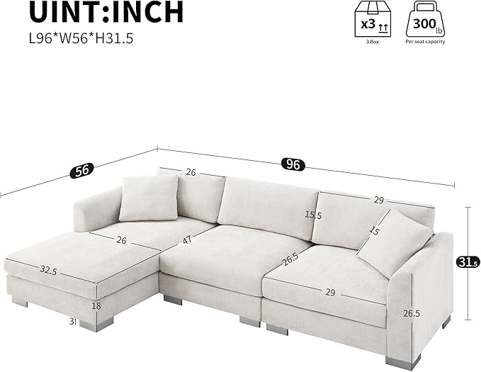 96 * 56 Modern Cloud Sectional SofaL-Shaped Luxury Couch Set with 2 Free Pillows4-seat Chenille Indoor Furniture with Oversized Chaise for Living RoomApartmentOffice Minsk Gray