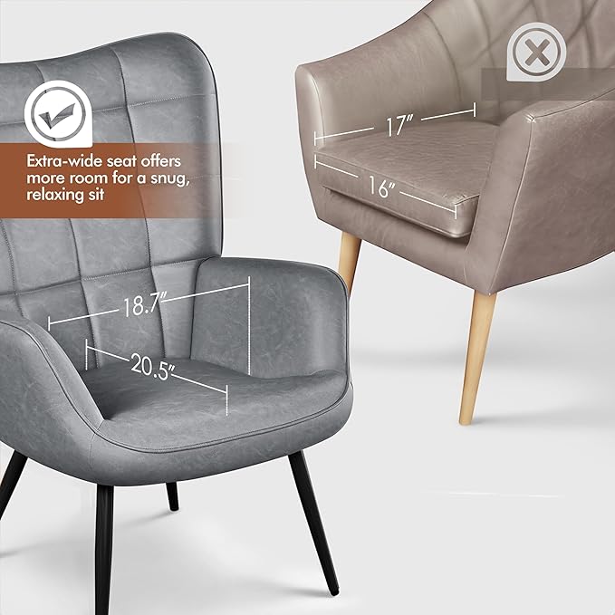 Yaheetech Accent Chairs Large PU Leather High-Back Chair w/Metal Legs Pottery Barn Style Living Room Chairs for Bedroom/Home Office Gray