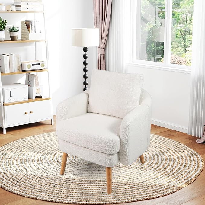 KOMFOTT Sherpa Accent Chair Upholstered Armchair with Seat Cushion Lumbar Pillow &amp Rubber Wood Legs Modern Single Sofa Chair Reading Chair for Living Room Bedroom Office Small Spaces White