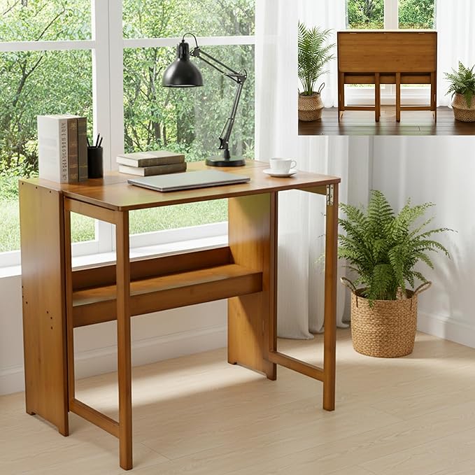 Wood Foldable DeskSpace Saving Foldable Table Bamboo Folding Desk Study Table with Bookshelf for Office Home Study Bedroom