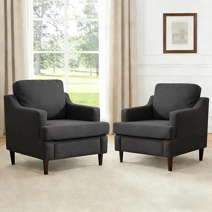 Mid-Century Accent Chair Modern Linen Fabric Armchair for Living RoomComfy Upholstered Reading Chairs for BedroomSingle Sofa Chair with Wood Legs (Darkgrey Set of 2)
