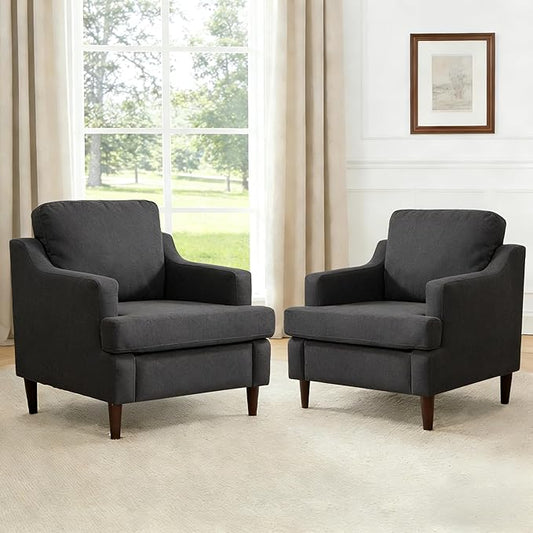 Mid-Century Accent Chair Modern Linen Fabric Armchair for Living RoomComfy Upholstered Reading Chairs for BedroomSingle Sofa Chair with Wood Legs (Darkgrey Set of 2)