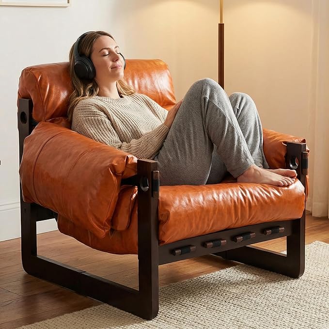Mid Century Modern Accent Chair Leather Reading Chair with Solid Wood Frame and Removable Padded Armrests Upholstered Armchair for Living Room Balcony Lounge Reading Room Retro Orange