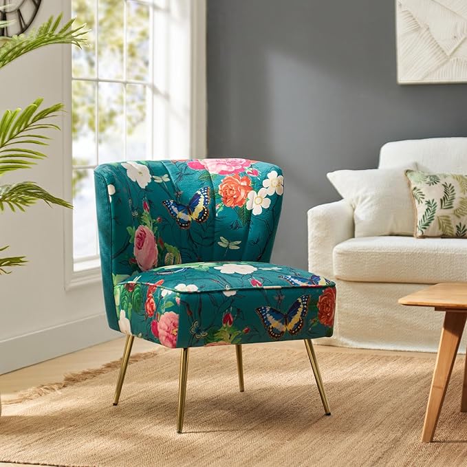 HULALA HOME Accent Chair with Golden Metal Legs Comfy Tufted Wingback Living Room Chair Floral Fabric Small Armless Side Chair Upholstered Slipper Chair for Bedroom Reading Room Flower Print